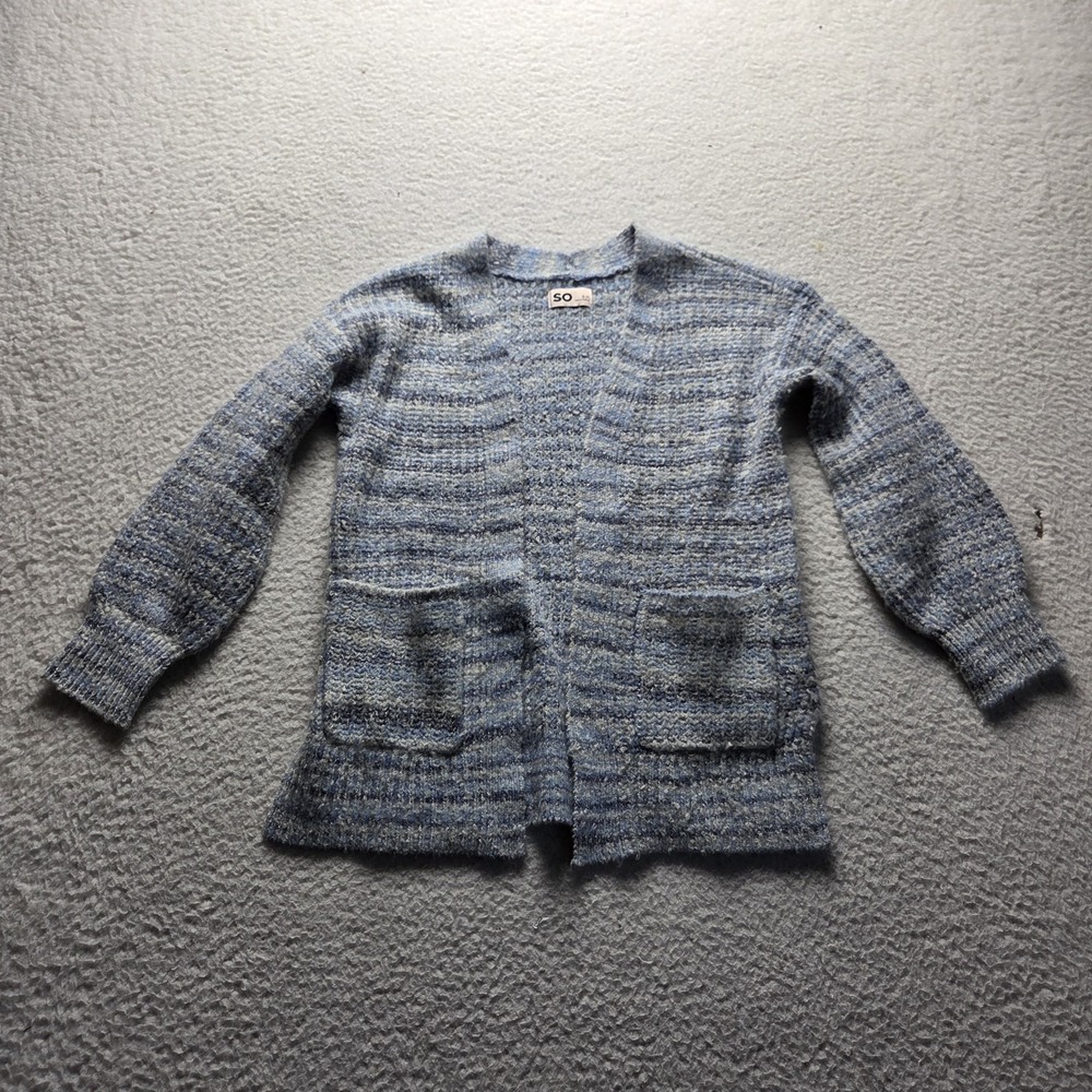 SO Cardigan Sweater Girls 7 S Blue Striped Crew Neck Open Front Pockets Knit